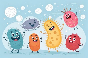 A cheerful group of colorful cartoon bacteria and friendly microbes.
