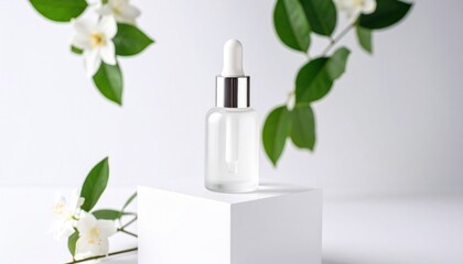 Elegant Serum Bottle Displayed on White Box Surrounded by Delicate Flowers Creating a Calm Ambiance