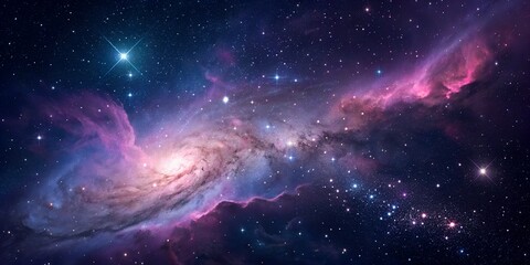 A vibrant spiral galaxy glowing with pink nebulae in a cosmic starfield