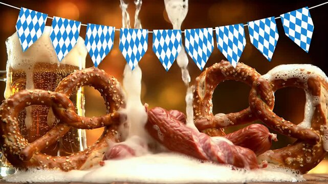 Festive Oktoberfest banner with animated beer foam overflowing, pretzels and sausages, blue diamond Bavarian pattern