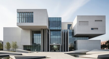 Modern Architecture: Concrete Building with Glass Facade and Reflecting Pool