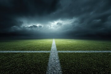 Obraz premium Dramatic football field with vivid green grass under an ominous sky just before a rainstorm, highlighting the contrasting colors and atmosphere of the moment in early evening