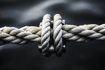 Close-up view of a sturdy steel wire rope clamp tightly securing intertwined steel cables against a dark blurred background