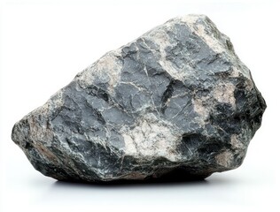 large rough rock with dark gray and light beige patches and natural texture on white background