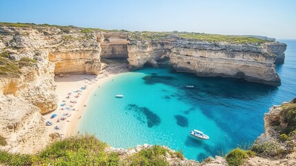 Naklejka premium Hidden Cove Surrounded by Dramatic Cliffs and Crystal Clear Water