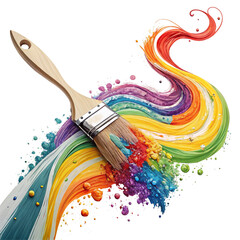 Vibrant paintbrush creates a swirling rainbow of colorful paint splatters and powder for creative projects
