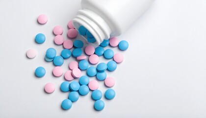 Vibrant Assortment of Colorful Pills Spilling from Open Bottle on White Surface in Bright Natural Light