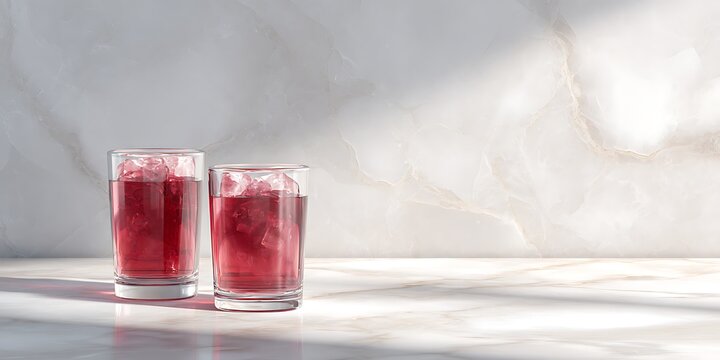 Deep red drinks on shining white marble countertop with soft light