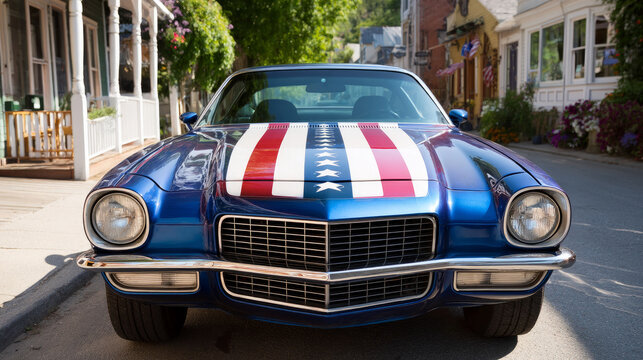 A vintage American muscle car with an American flag painted on it, parked on a sunny street during the 4th of July. Election Day in the USA. America Day. Festive Mood on President's Day - Powered by Adobe