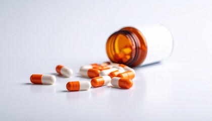 Colorful Pills Spilling Out of a Bottle on a Clean Surface with a Bright and Cheerful Atmosphere