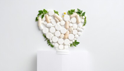 Heart Shape Created from Colorful Pills Surrounded by Fresh Green Leaves Symbolizing Health and Care