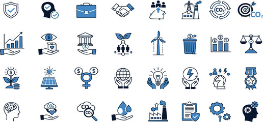 ESG - Environment, Social, and Governance outline Icon Set. Containing Sustainability, Government, Protection, Regulations, Education, Healthcare, and more. Vector illustration