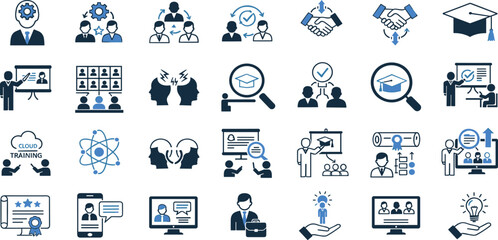 Coaching line icon set. Containing Training, mentoring, leadership, workshop, and more. Editable stroke. Vector illustration