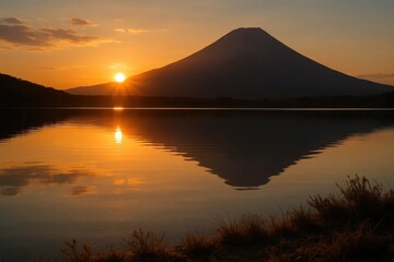 Obraz premium A serene sunset over a tranquil lake, with Mount Fuji silhouetted against a warm sky