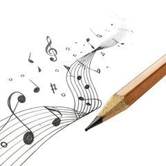 Creative pencil draws flowing musical notes, inspiring melody creation and artistic expression