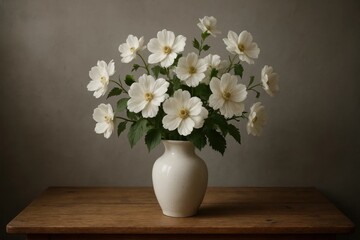 A serene tableau of white dahlias in a pristine vase, set against a muted gray backdrop, evoking a sense of tranquility and elegance