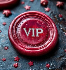 close-up of a red wax seal with the letters vip embossed, surrounded by small star-shaped wax pieces on a textured surface, evoking exclusivity and luxury