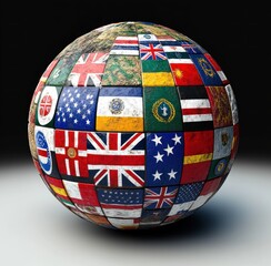 Spherical shape composed of multiple worn and weathered flags from various countries tightly fitted together, symbolizing global unity and diversity