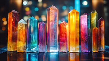 Colorful crystal towers on dark surface