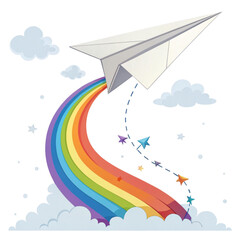 Dream big with a paper airplane soaring through a vibrant rainbow and starry sky