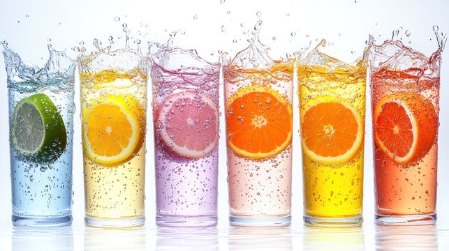 Colorful drinks with fruit slices and splashes