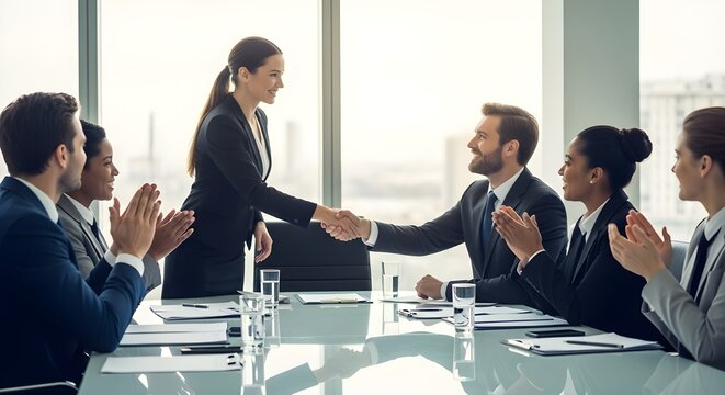 Happy businesswoman shaking hands with CEO while the leadership team applauds their success in a modern conference room. - Powered by Adobe