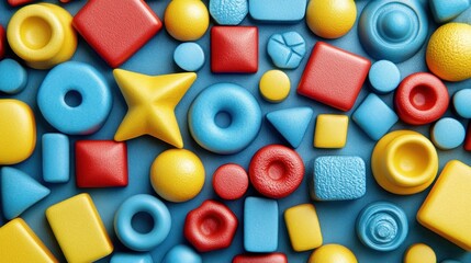 Colorful geometric shapes, various sizes and forms, on a blue background