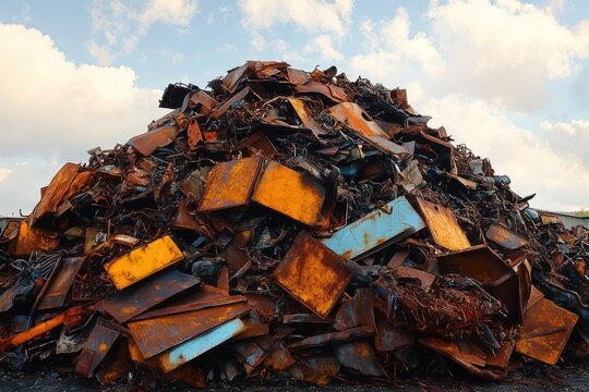 large heap of rusted metal scrap under partly cloudy sky with pieces of yellow and blue painted metal