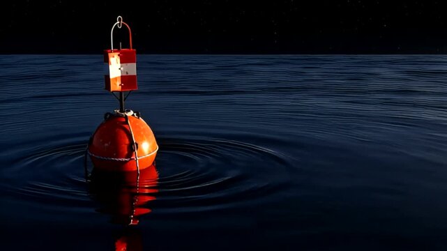 Timelapse of a solitary orange buoy floating on a dark, rippling body of water, creating a serene