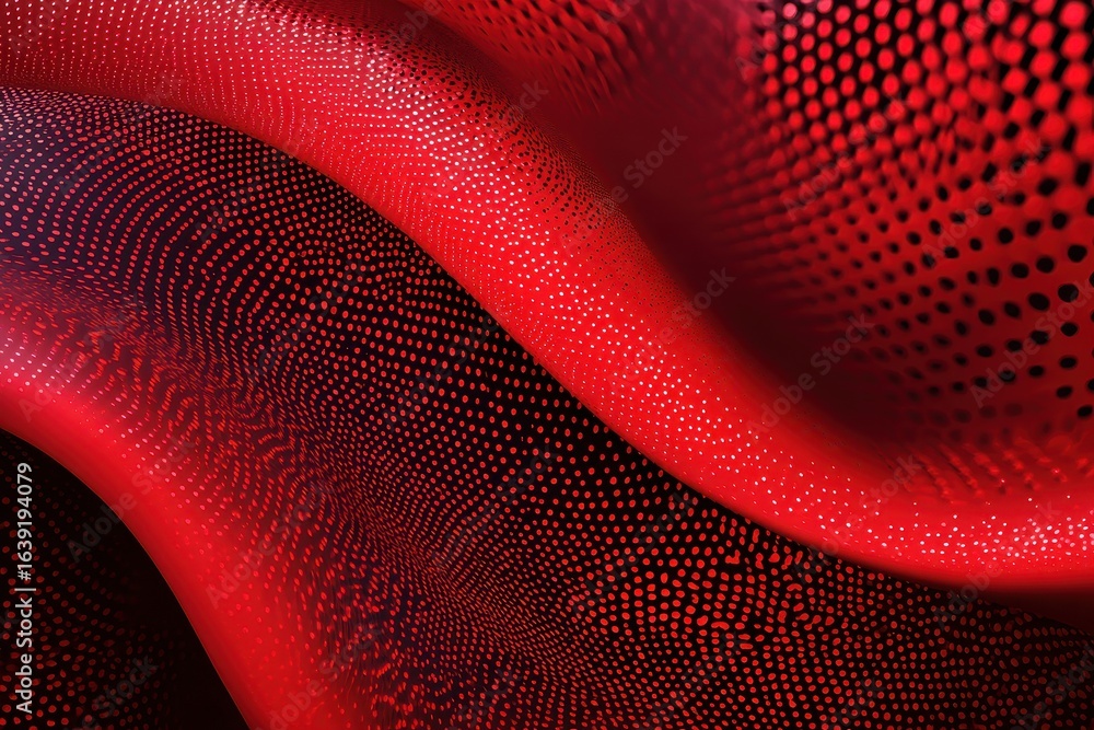 Poster curved surfaces and halftone patterns create a dynamic abstract background of red hues and textures 