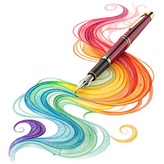 Elegant fountain pen creates a vibrant rainbow ink swirl, inspiring creativity and imagination