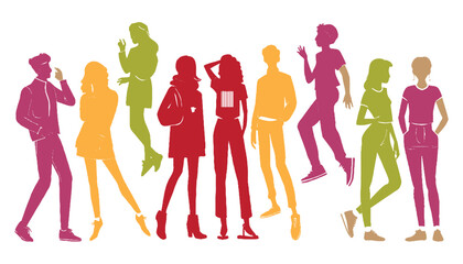 Silhouettes of eight people in various poses, each a different vibrant color, suggesting diversity and individuality in a lively, modern context.