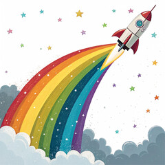 Whimsical rocket soars through starry sky leaving a vibrant rainbow and fluffy clouds