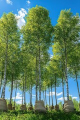 Young birch trees with green leaves wrapped at their bases under a bright blue sky with scattered white clouds
