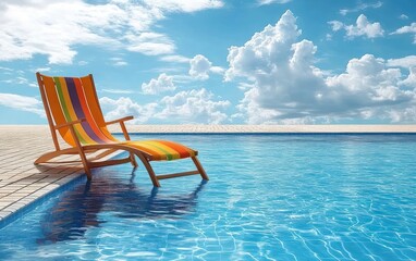 Fototapeta premium Colorful striped lounge chair partially submerged in clear blue swimming pool water under a bright sky with scattered fluffy clouds creating a relaxing summer atmosphere
