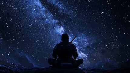 Silhouette meditating under starry night sky