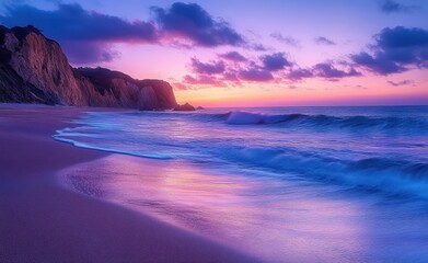 Obraz premium Calm ocean waves gently rolling onto a sandy beach at sunset with a colorful sky and rugged cliffs in the background