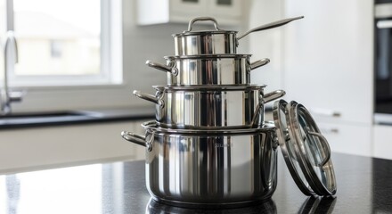 Stacked Stainless Steel Pots and Pans in Modern Kitchen