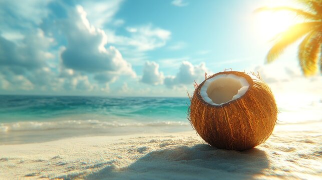 Open coconut on tropical beach