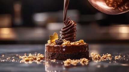Rich chocolate ganache pour forming perfect ribbon onto gourmet chocolate dessert with gold leaf garnish in upscale dining environment