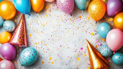 Party balloons, confetti, and party hats on a light gray surface