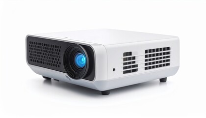 Elegant White Projector Illuminated by Bright Blue Light in Modern Workspace Setup for Creative Presentations