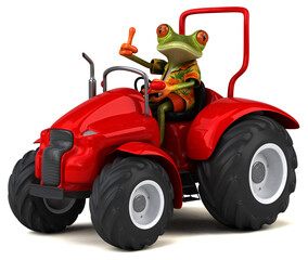 Fun 3D cartoon frog with a tractor illustration