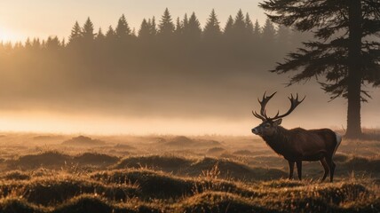 Obraz premium Majestic Stag Stands in Golden Morning Light, Forest Silhouette Background