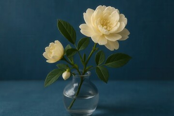 Obraz premium A Delicate Bouquet of White Dahlias in a Clear Vase Against a Deep Blue Backdrop