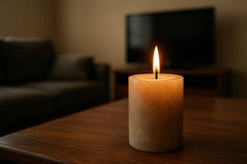 A single candle casts a warm glow on a tranquil evening in a dimly lit room