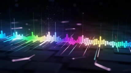 A vibrant digital audio spectrum visualizer with colorful glowing bars representing sound frequencies. - Powered by Adobe