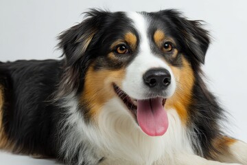Australian Shepherd sitting against a plain white background, displaying playful expression and distinct fur patterns while enjoying a moment of calm
