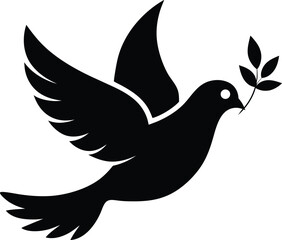 Black silhouette of a dove carrying an olive branch isolated on white background silhouette