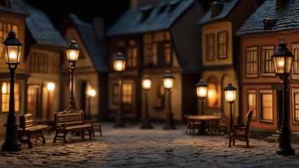 Miniature European Town Square at Night, Illuminated by Warm Street Lamps